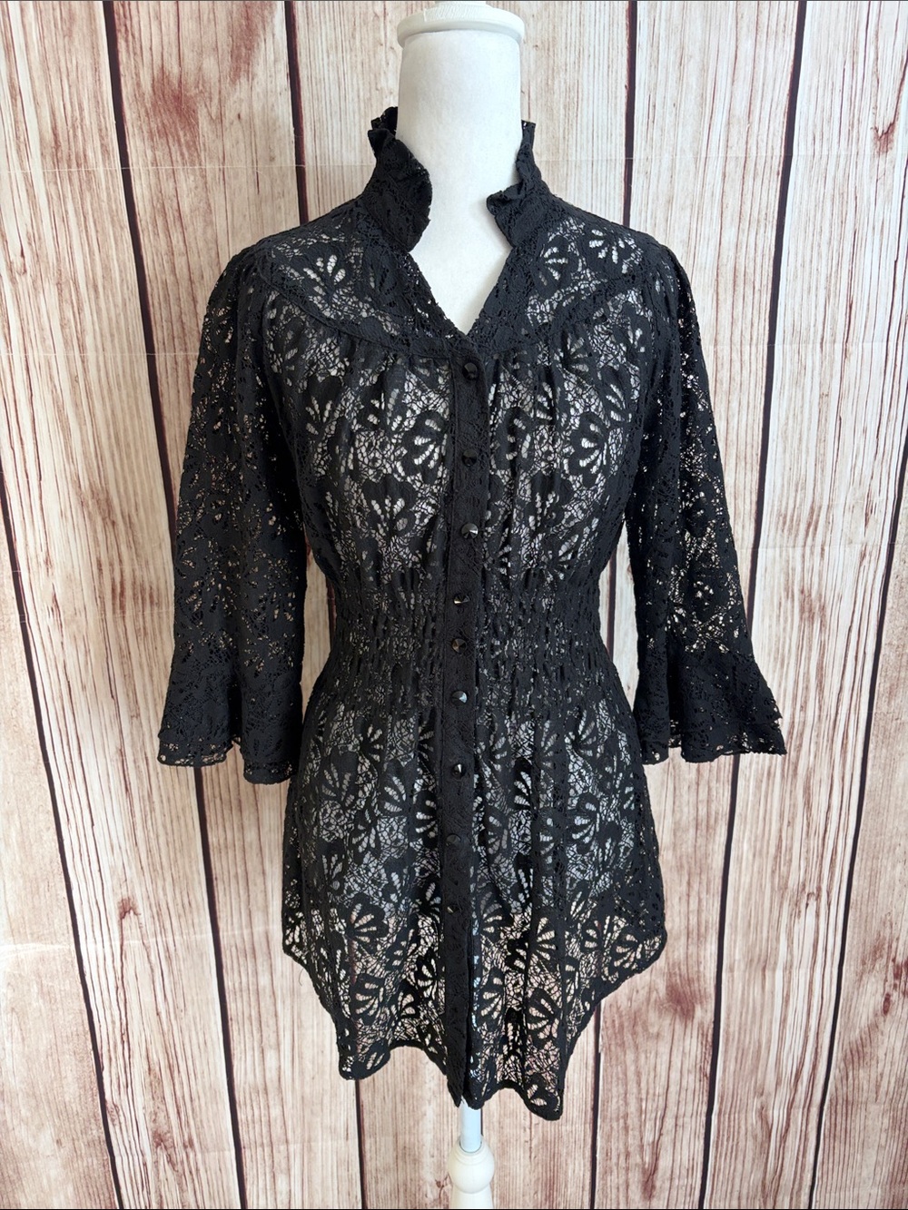 V Cristina Black Lace Button-Front Top with Ruffle Collar Smocked Waist Small